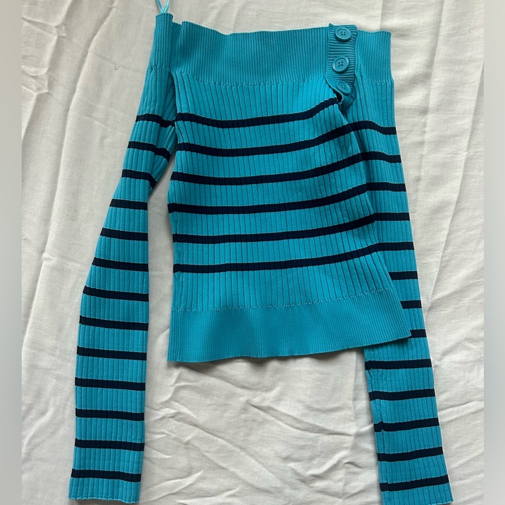 NEW WITH TAGS OFF THE SHOULDER BLUE SWEATER